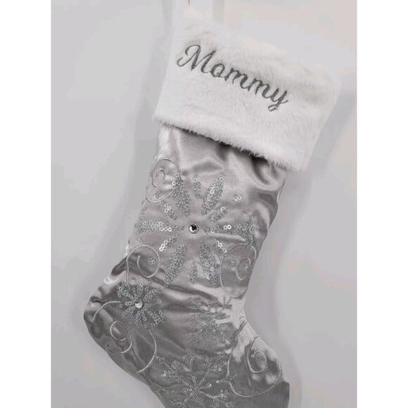 Mommy Personalized Christmas Stockings 20‎ Inch. Silver Satin With Fur. - Picture 2 of 3